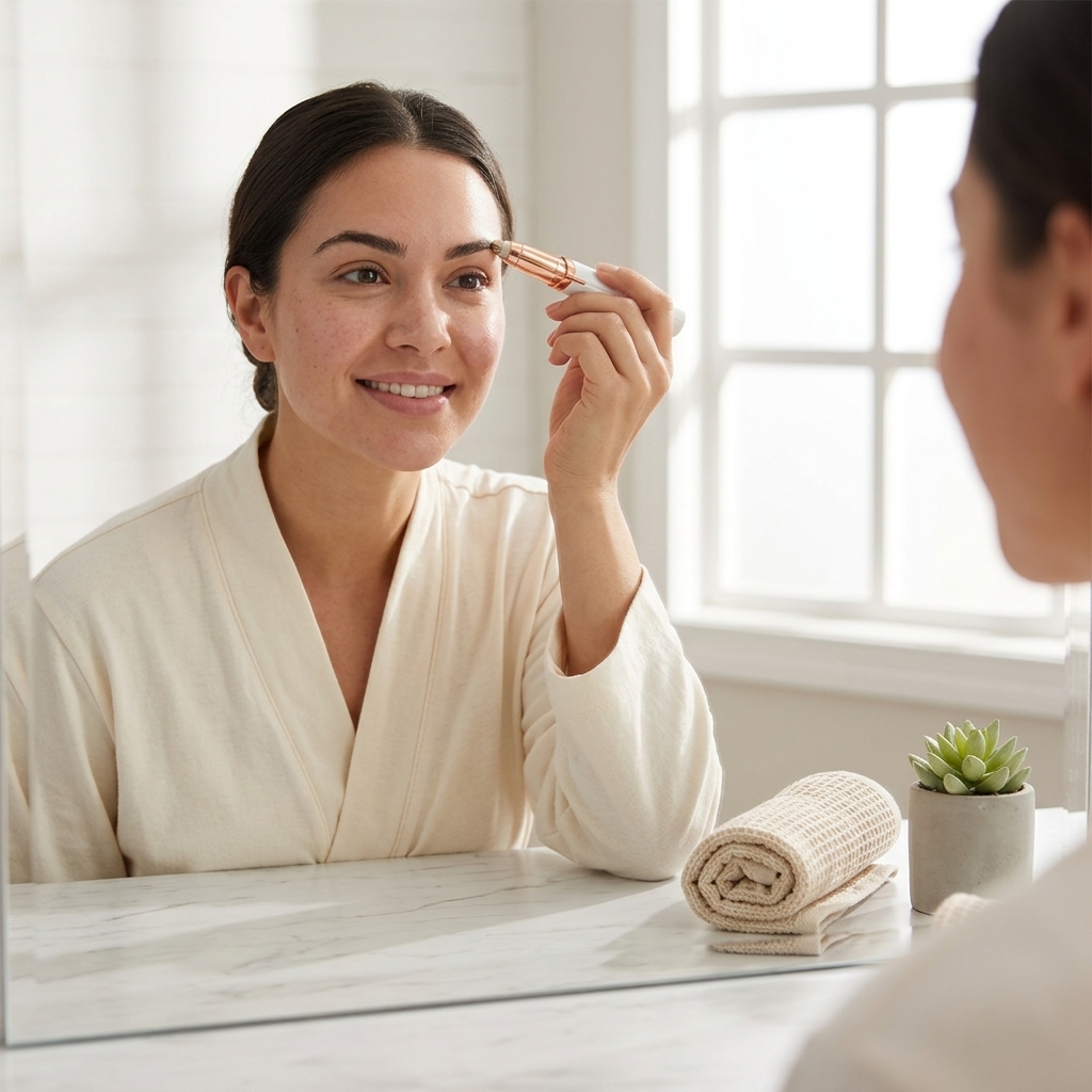 Cliente usando a Caneta Depiladora DEPILYS na sobrancelha